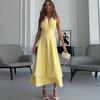European and American women's clothing summer new temperament neck strap halter high waist yellow medium and long dress