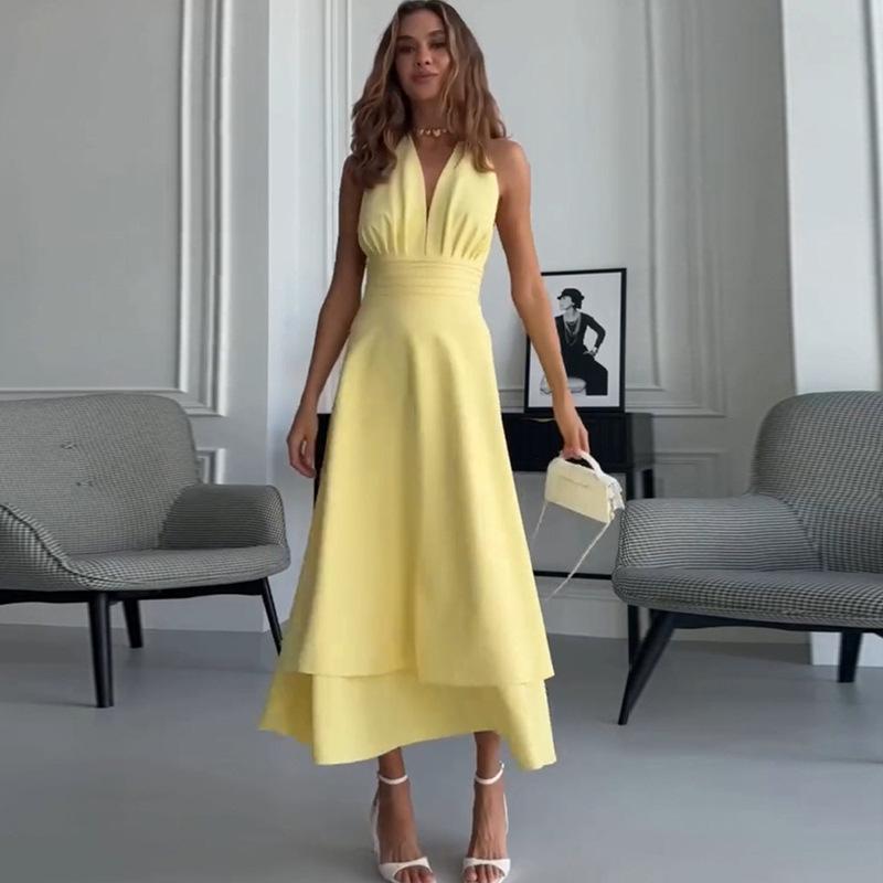 European and American women's clothing summer new temperament neck strap halter high waist yellow medium and long dress