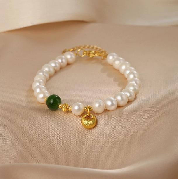 Natural pearl bracelet simple and versatile jasper bracelet national style small lucky bag pendant jewelry