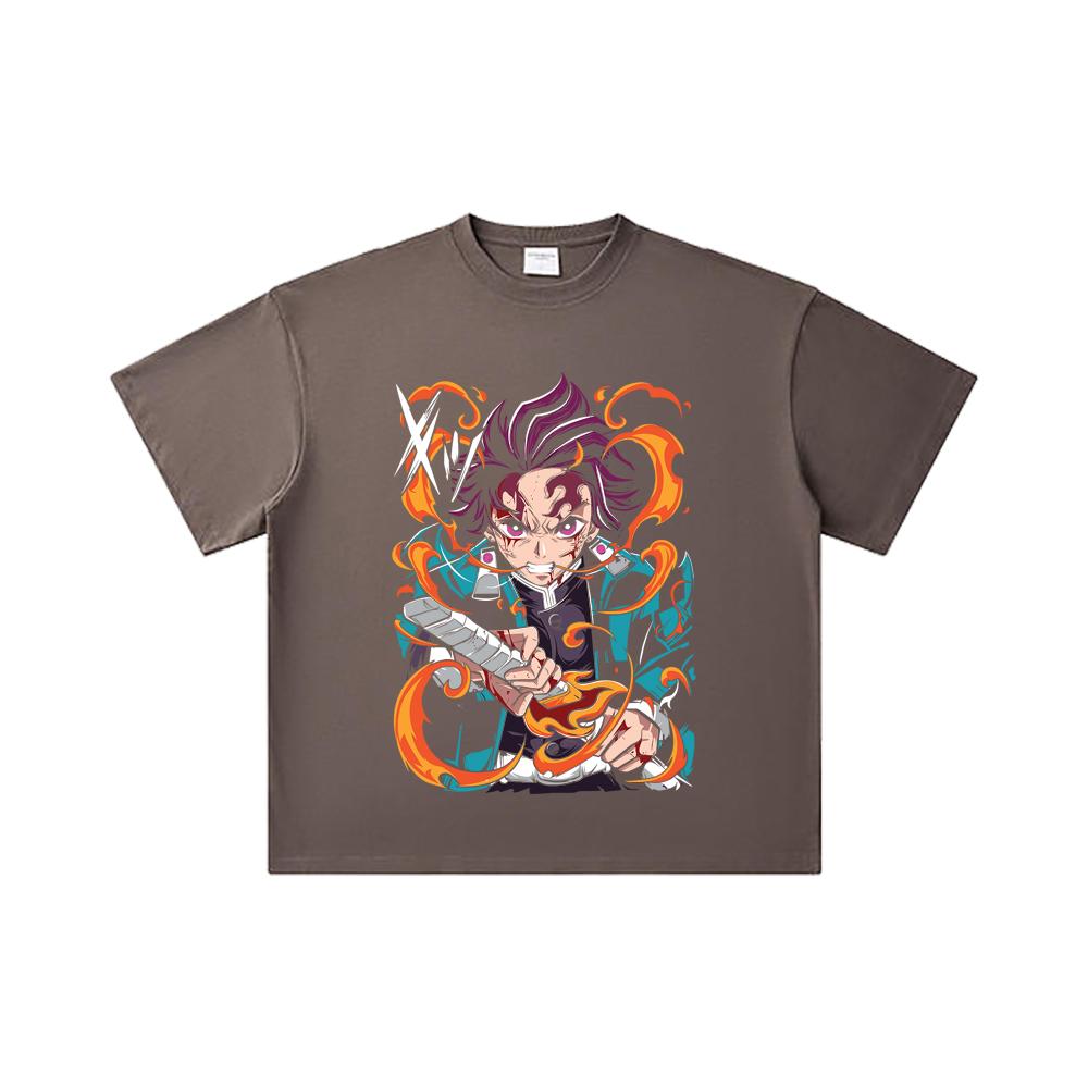 260 GSM Double Yarn 32 Count 100% Cotton Demon Slayer V64 Tanjiro Fire Breathing Print Unisex Heavy Cotton T Shirt
