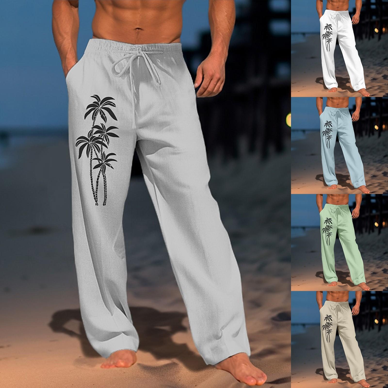 

Men s Casual Loose And Comfortable Casual Pants Cotton Linen Printed Drawstring Trousers L небесно-голубой