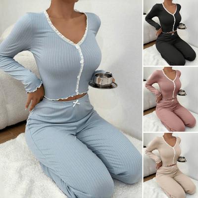 Conjunto de 2 piezas de primavera para mujer, Top y pantalón, traje de manga larga con escote en V y encaje fruncido, top corto con cintura elástica, pantalones, ropa para el hogar, pijamas