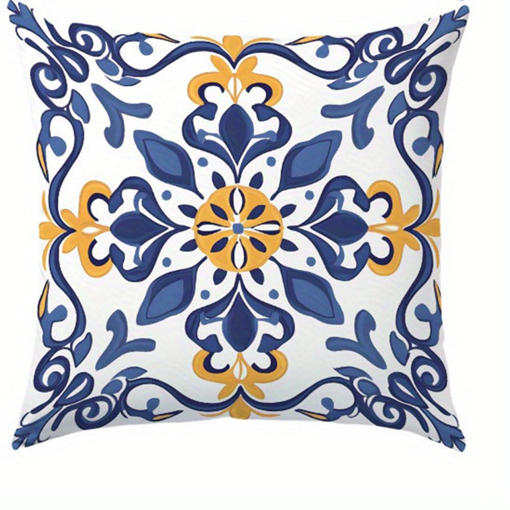 1Pc Portuguese Azulejo Style Decorative Pillowcase, 2D Double Sided Print Polyester Cushion Cover, Boho Geometric Home Accent Pi