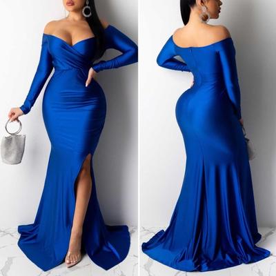 Lady Evening Dress V Neck Off Shoulder Side Slit Floor Length Long Sleeves