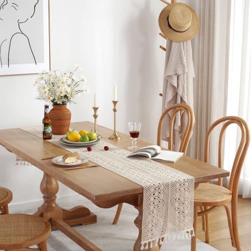 ZARROUEA 3D Lace Table Runner with Fringe, Beige, American Vintage, Phoenix Tail Pattern, Crochet, 180cm (4.7 ft)