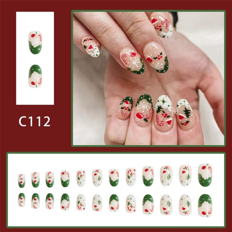 24Pcs Press on Nail Christmas Themed False Nail Snowflake Nail Art Decoration Stick on Nail for Holiday Celebrations