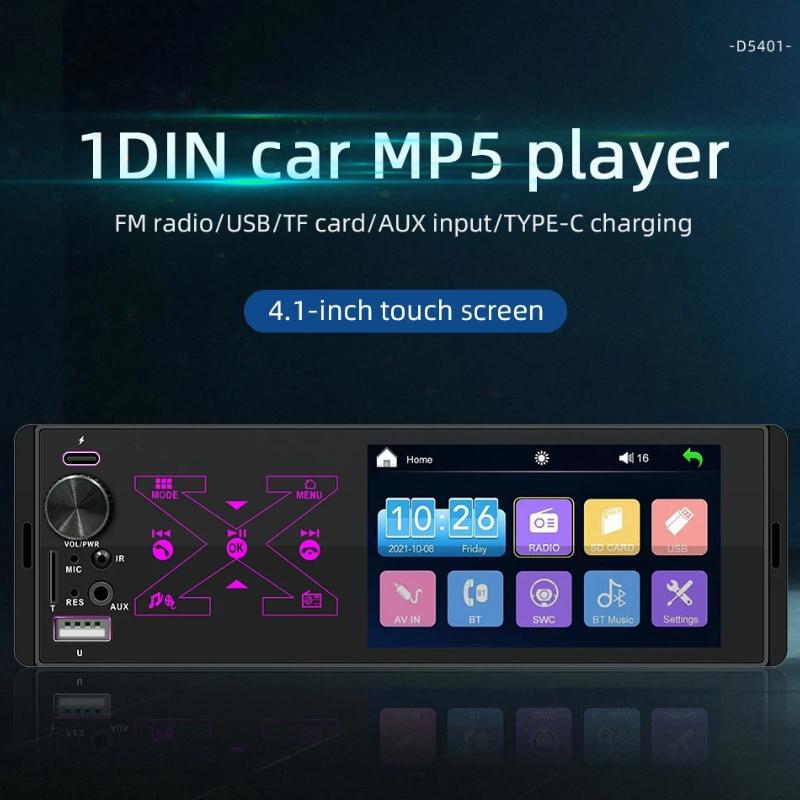2026 Portable Car Radio Stereo 1 Din 4.1" Touchscreen Bluetooth MP5 Player USB Type-C Charge TF AUX FM RCA Audio 7 Color Lights Vedio Input 60W*4 12V