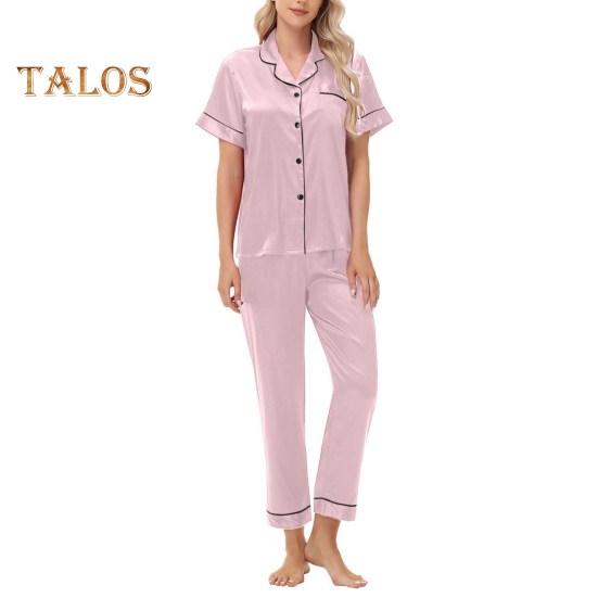 2-teiliges Pyjama-Set aus Satin, einreihig, Eisseide, Übergröße, Strickjacke, V-Ausschnitt, Reverskragen, einfarbiges Hemd, weites Bein, lockere Hose, Nachthemd