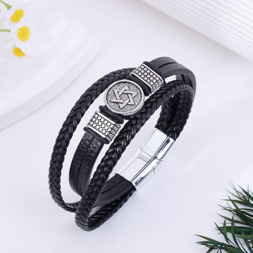 Men's Versatile Hip-Hop Bracelet - Woven Leather, Six-Pointed Star Design, Japanese/Korean Style