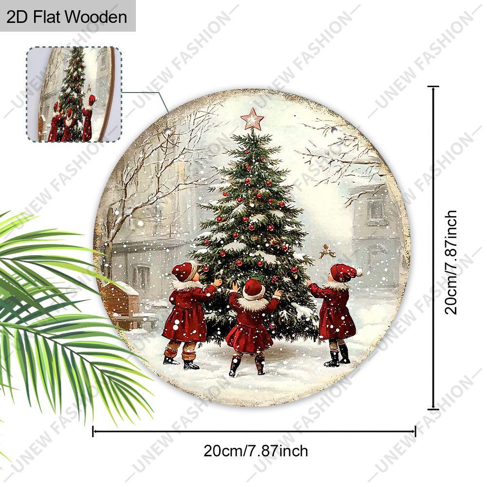 Vintage Kids Decorating Christmas Tree Round Wooden Hanging Sign, 2D Flat Printed Christmas Wall Door Ornament, Xmas Home Holiday Decor Gift