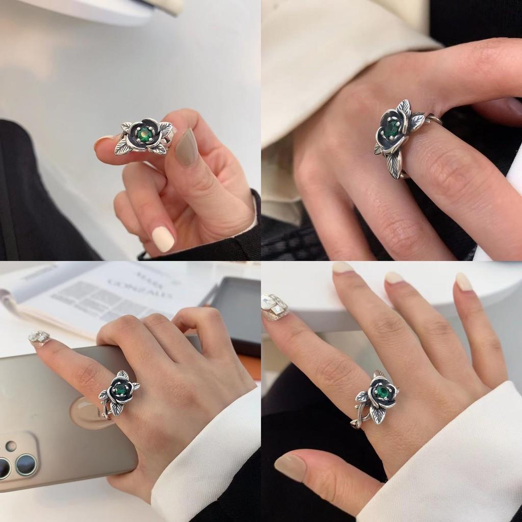 Exquisite Korean Style Vintage Exaggerated Green Zircon Rose Flower Ring For Women