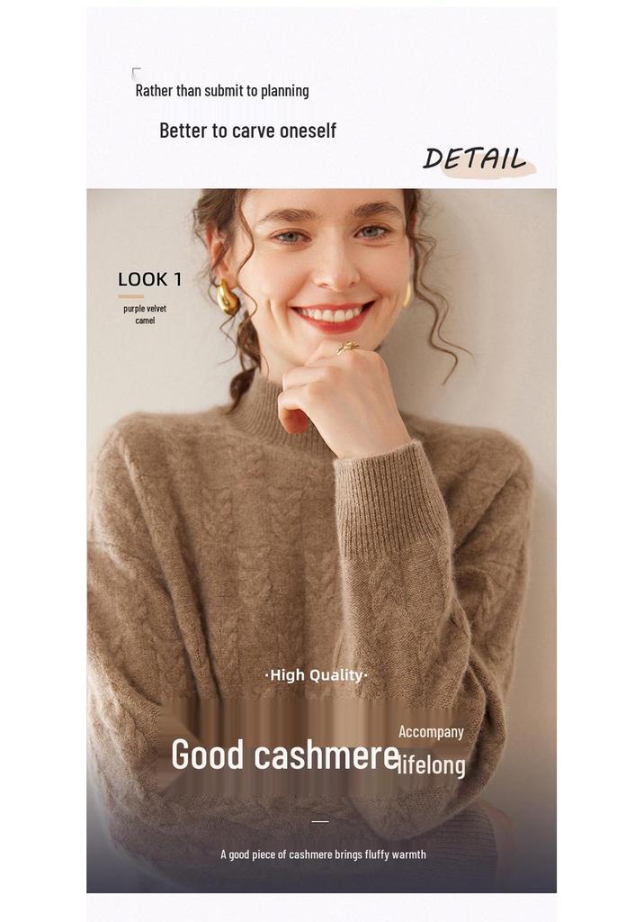 2024 Autumn/Winter Cashmere Sweater: Ladies' Half-High Neck, Wheat Ear Jacquard, Korean-Style Loose Slimming Knitwear