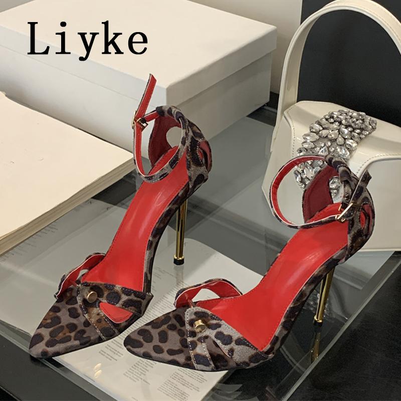 Móda Liyke Sexy Kovová Dekorace Úzký Pásek Špičatá Špička Červené Vysoké Podpatky Sandály Dámské Párty Společenské Boty Kotníkový Pásek Sandalias Mujer