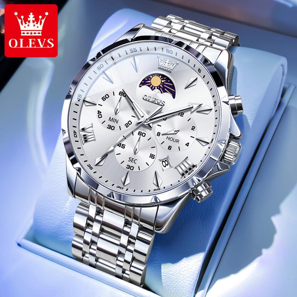 OLEVS Original Men's Watches New 7 Hands Multifunctional Quartz Watch for Men Steel Strap Moon Phase Chrono Waterproof Man Watch