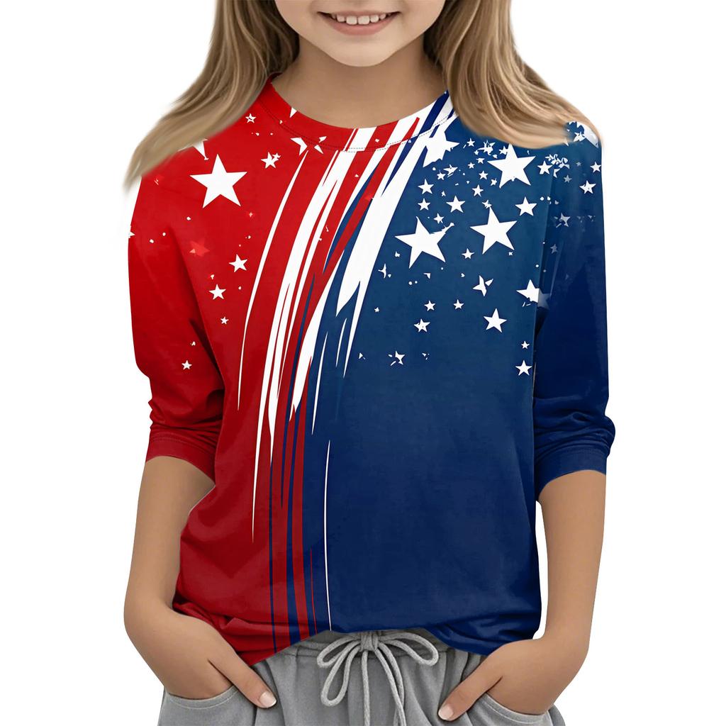 Kinder 3/4 Ärmel Tops Casual Print T Shirt Rundhals Pullover Bluse