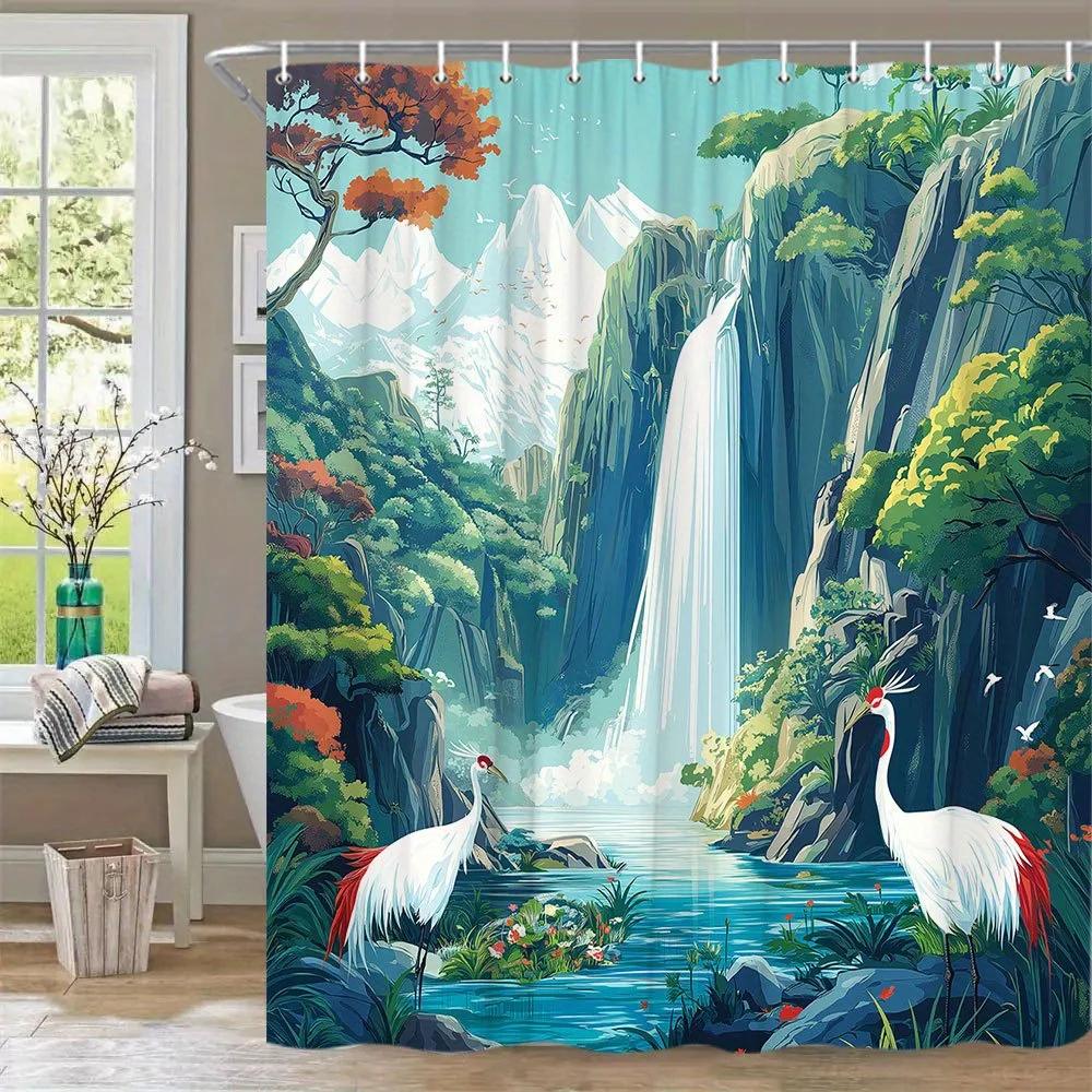 1Pc Serene Mountain Waterfall Shower Curtain - Tranquil Nature Landscape With White Cranes, Autumn Trees & Snow Peaks
