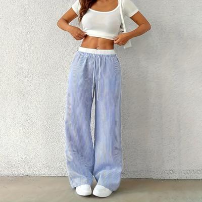 Calças femininas calças largas calças casuais cintura elástica cordão ajustável design listrado