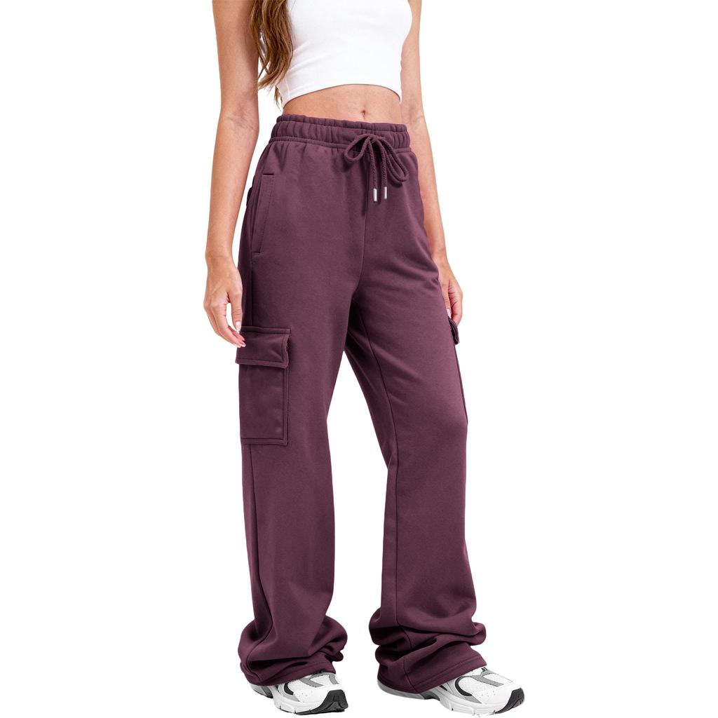 Women Cargo Sweatpants Stacked Pants Warm Fleece Drawstring Waist Casual Joggers Trousers