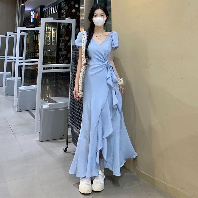 

Summer New Women clothes Plus size V-neck Frill Solid Skirts Blue Puff sleeve Slimming Split Dress Blue 4XL