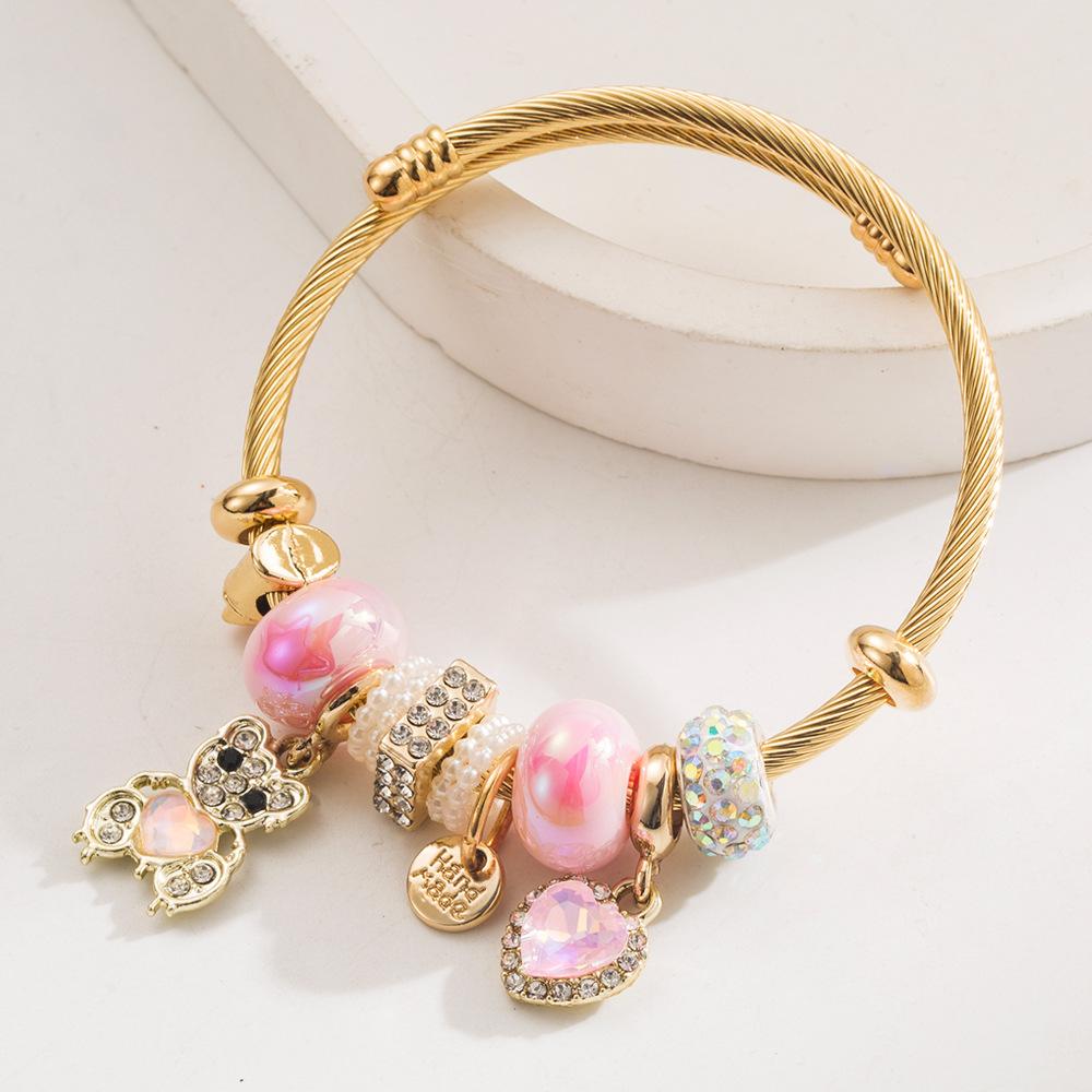 Кулон-медведь Хрустальные бусины Браслет-сердечко Регулируемый браслет