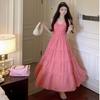 Pink Sweet First Love Dating Dress Summer Backless Design Feeling Waist and Thin Temperament Gentle Medium and Long Skirt