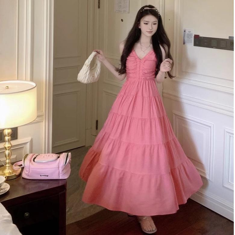 Pink Sweet First Love Dating Dress Summer Backless Design Feeling Waist and Thin Temperament Gentle Medium and Long Skirt