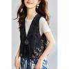 Women Black Floral Embroidery Chinese Button Sleeveless Vest