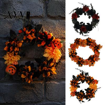 Horror Theme Festive Ornament Halloween Wreath for Front Door, Artificial Fall Maple Leaf Rose Pumpkin Seasonal Porch Hanging Piece Wreath,