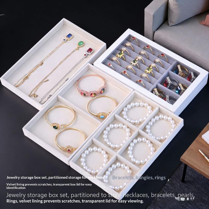 Flocking Jewelry Storage Box & Tray Set Space Saving 4/6/8Pcs for Organizing Rings Earrings Necklaces Vanity Drawer Use