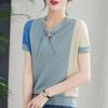 Women's Summer Knitted Shirt Thin Ice Silk T-shirt Knitted Short Sleeve Contrast Color Western Style Top