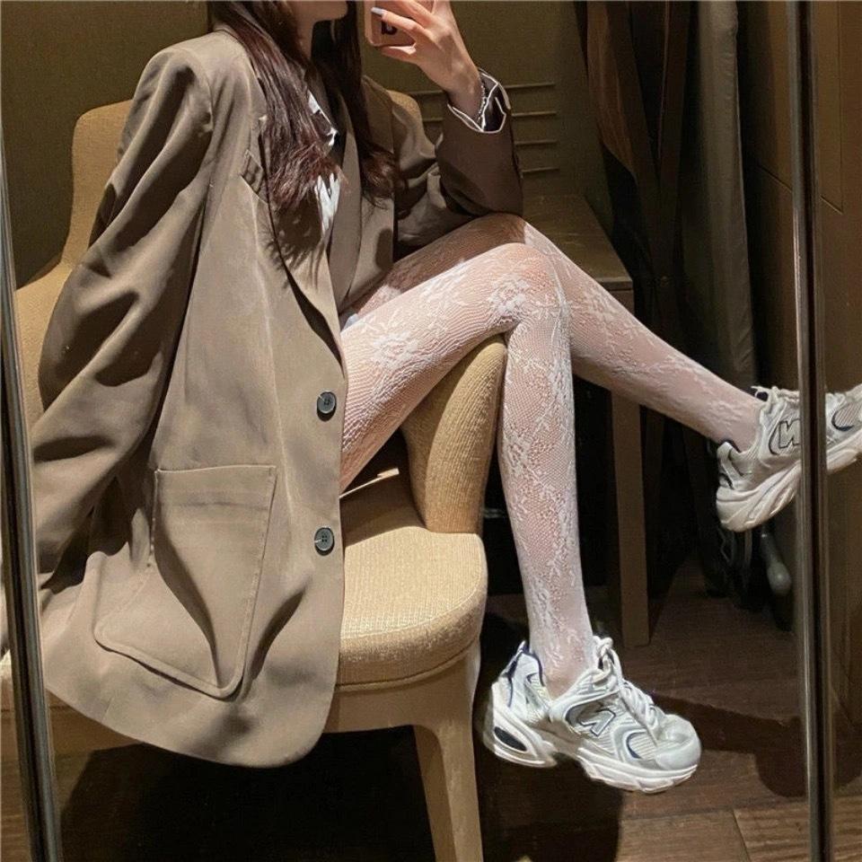 Hollow Lace Mesh Stockings with Bottom Pantyhose Lolita Retro Floral Vine White Black Stockings for Women