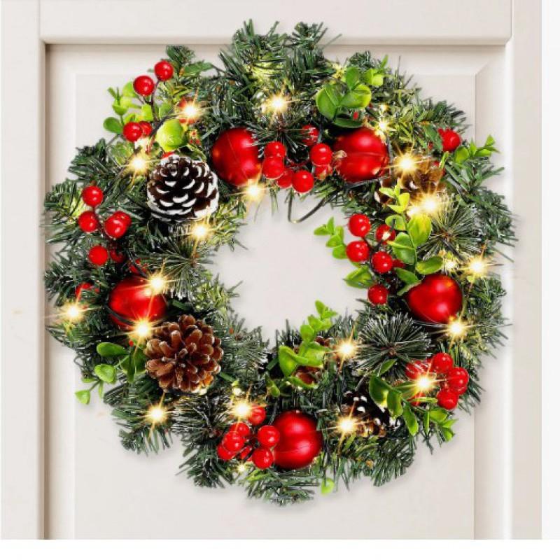 Christmas Decorations Set: LED String Lights Red Poinsettia Flowers Wreath Door Hanging Home Festive Interior