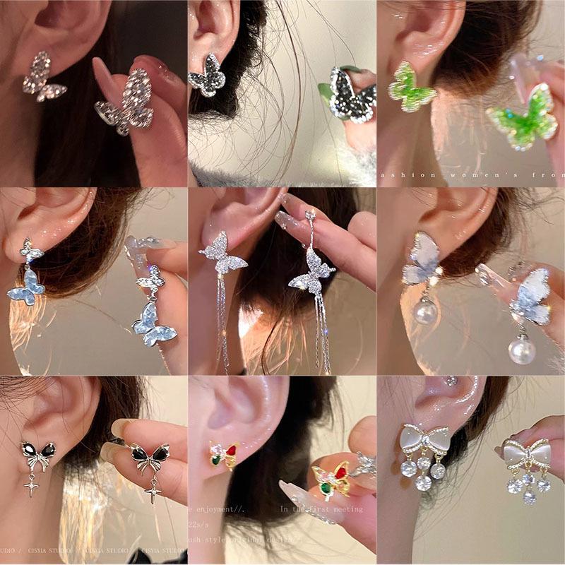 2025 Trendy Korean Micro-Inlaid Zircon Bow Earrings with S925 Silver Needle and Pearl for Women
