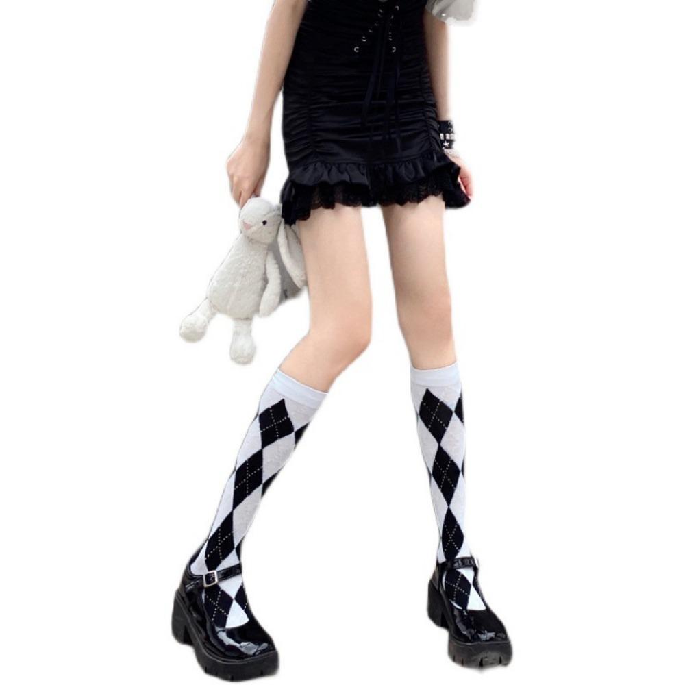 College Style Calf Socks Rhombus Jk Socks Women's Medium Tube White Long Tube Half Black and White Plaid Rhombus Spring and Autumn Retro