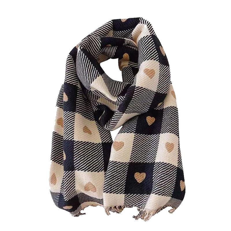 Fleece-Like Cashmere Scarf Women's Winter Heart Plaid Thickened Fringed Korean Style Fashion Versatile Shawl Neck Warmer