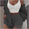 Women's Loose Fit Three Piece Loungewear Long Sleeve Fuzzy Cardigan V Neck Tank Drawstring Waist Shorts Winter Solid Tracksuit