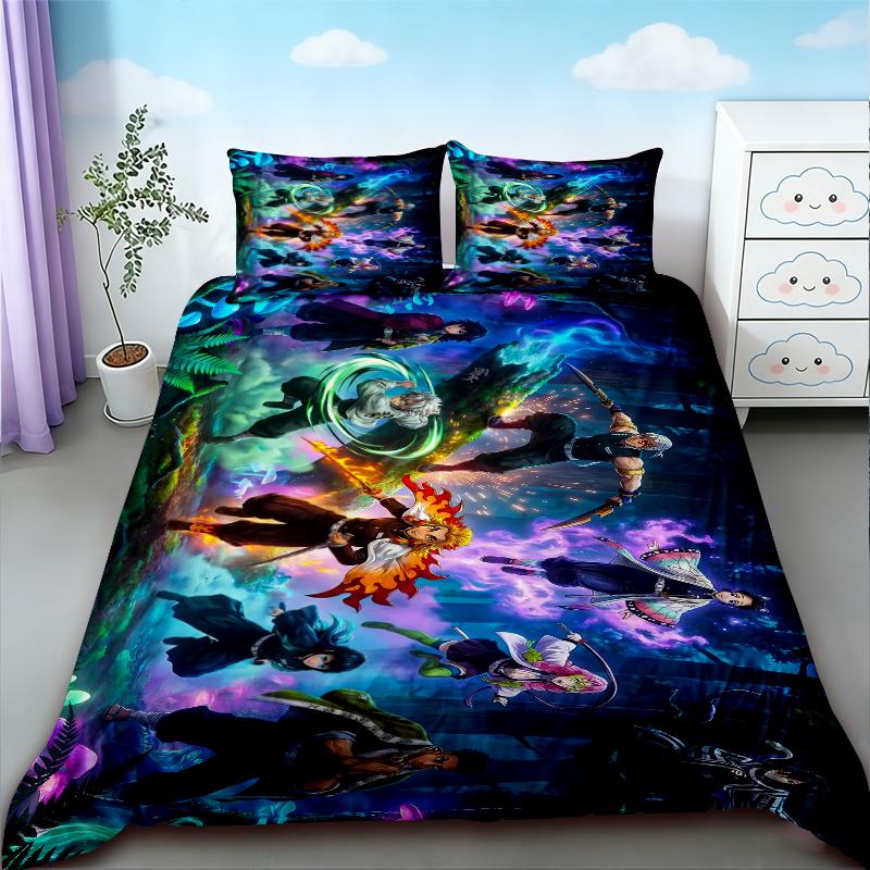 Copripiumino Demon Slayer Kimetsu No Yaiba Kamado Nezuko Anime Set Biancheria da Letto in Poliestere Set Copripiumino Stampato Cartone Animato Decorazione per la Casa