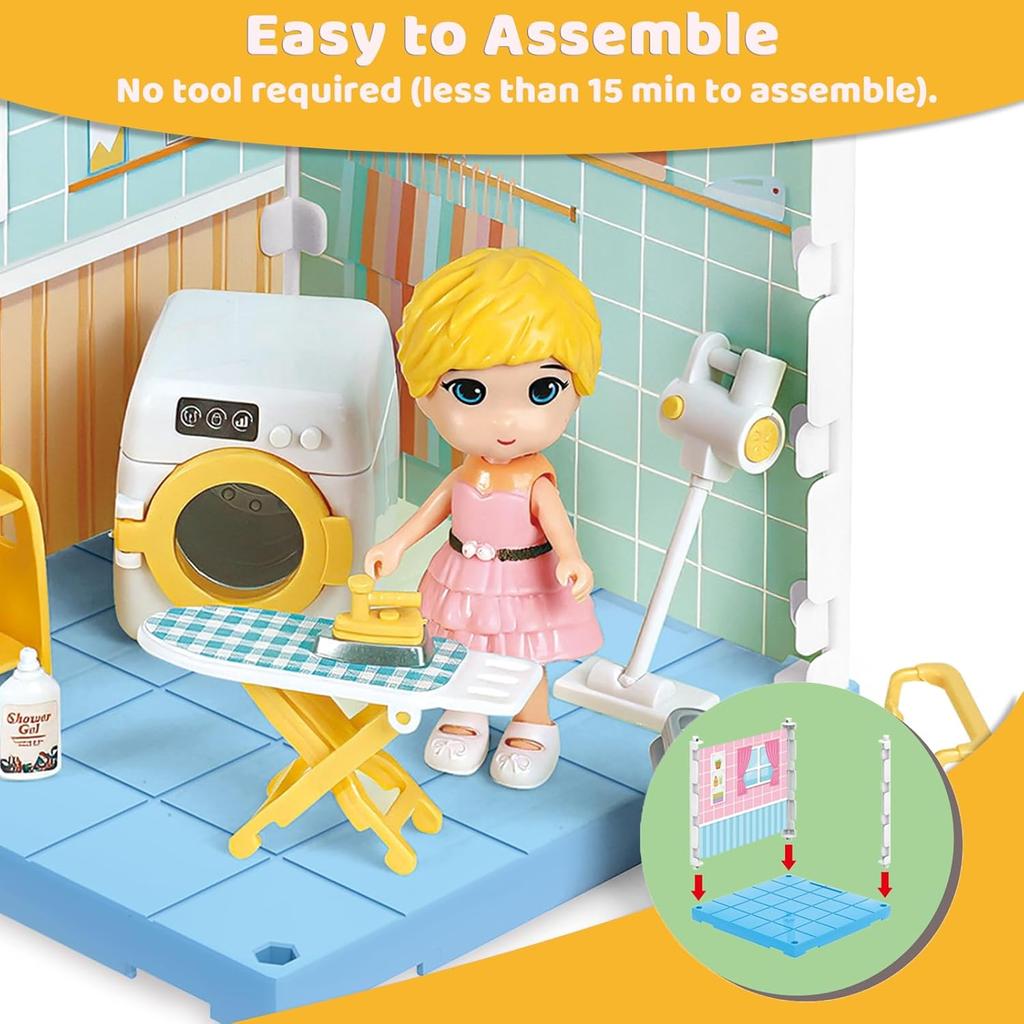 DIY Miniature Dollhouse Kit Furniture Set Mini Bathroom House Laundry Room Kitchen Room 3D Educational Pretend Play Toys
