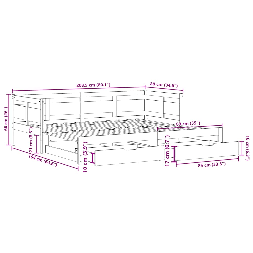 Ausziehbares Tagesbett mit Schubladen Ohne Matratze Weiß 80x200 cm