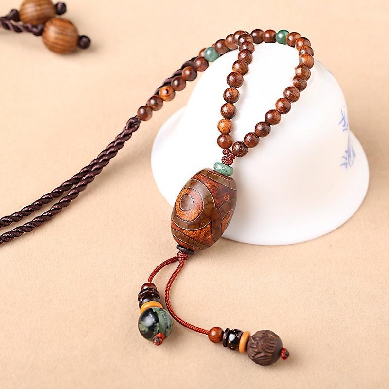 GEMCHIC Women's Ethnic Style Three-Eyed Dzi Bead Pendant Necklace Long Sweater Chain Vintage Boho Jewelry