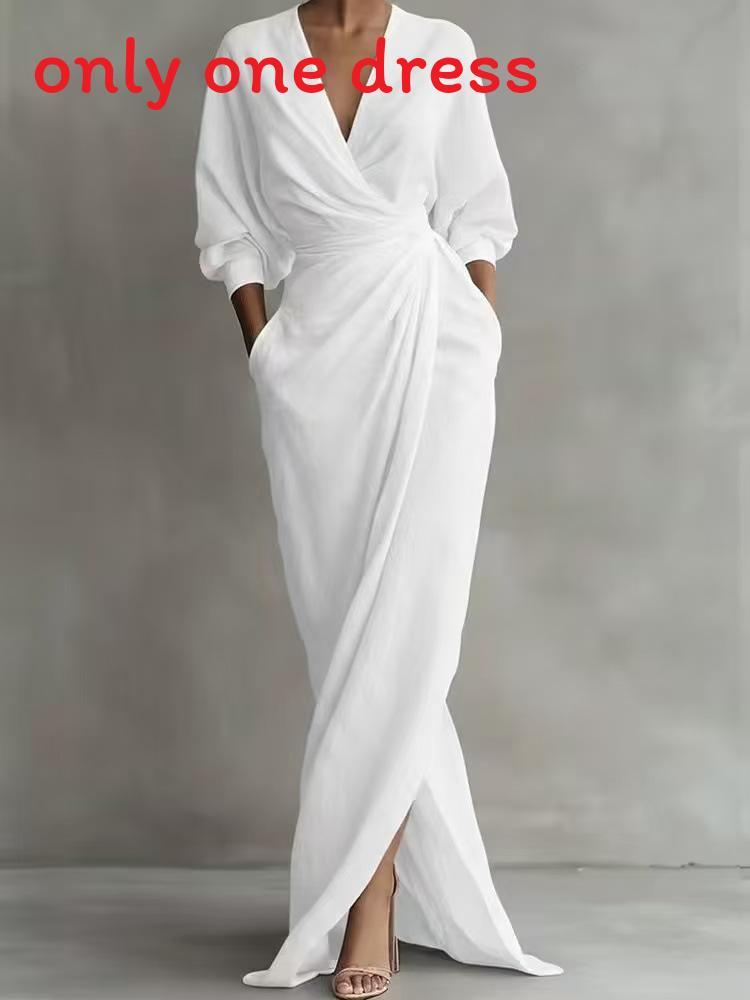Spring Summer V Neck Waist Tshirt Dress With Slit For Vacation Travel