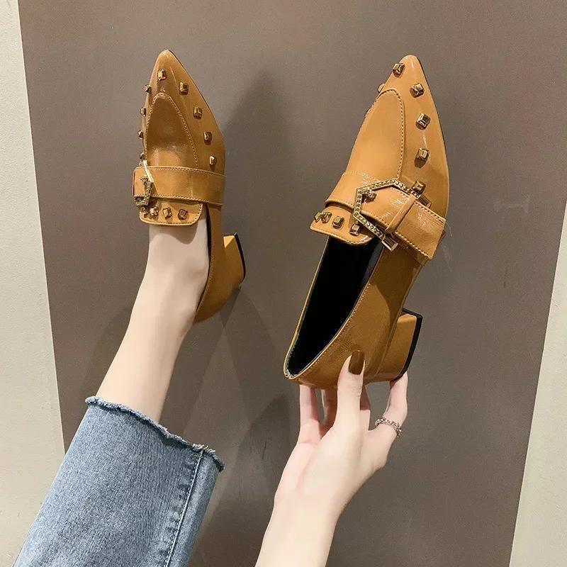 Women's Spring  Rivet Women's Pointed Toe Thick Heels Fashion British Style Loafer Female Slip On Shoes Zapatillas Mujer 2025