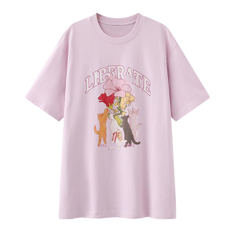 2026 Spring Floral Cat Letter Print Loose Short Sleeve T-shirt Large