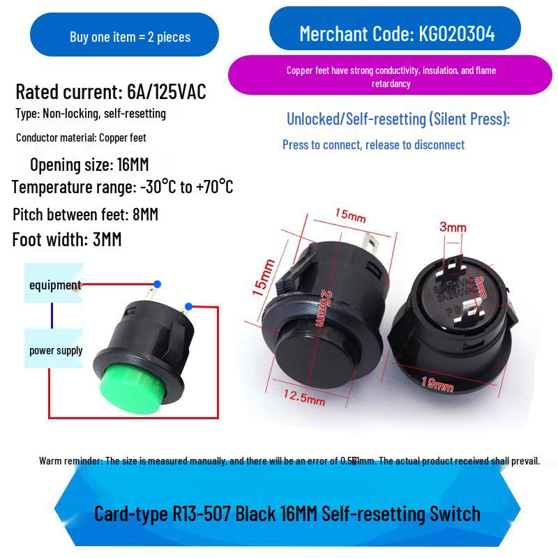 

16MM Round Push Button Switch R13-507, Self-Reset, Momentary, Black/White/Red