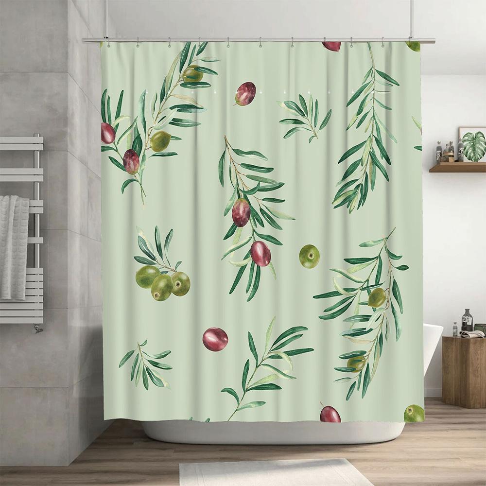 Green Leaves Bath Shower Curtain Olive Branch Waterproof Fabric Wall Hanging Decorative White Green Red Colors Pattern Design Pe