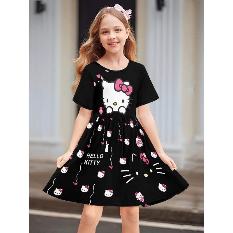 Girl's 3D Cat Print Maxi Dress, Elegant Round Neck + Loose Fit, Ideal for Daily Picnics, Sweet Picnic Outfit