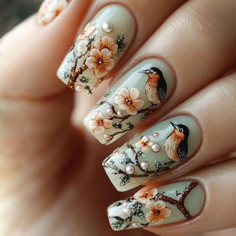 

BEPAN 24Pcs Fake Nail Set Birdsong and Blossoms Magpies Perched on Branches Press-On Nail Tips Perfect Gifting for Girls and Friends Medium Square