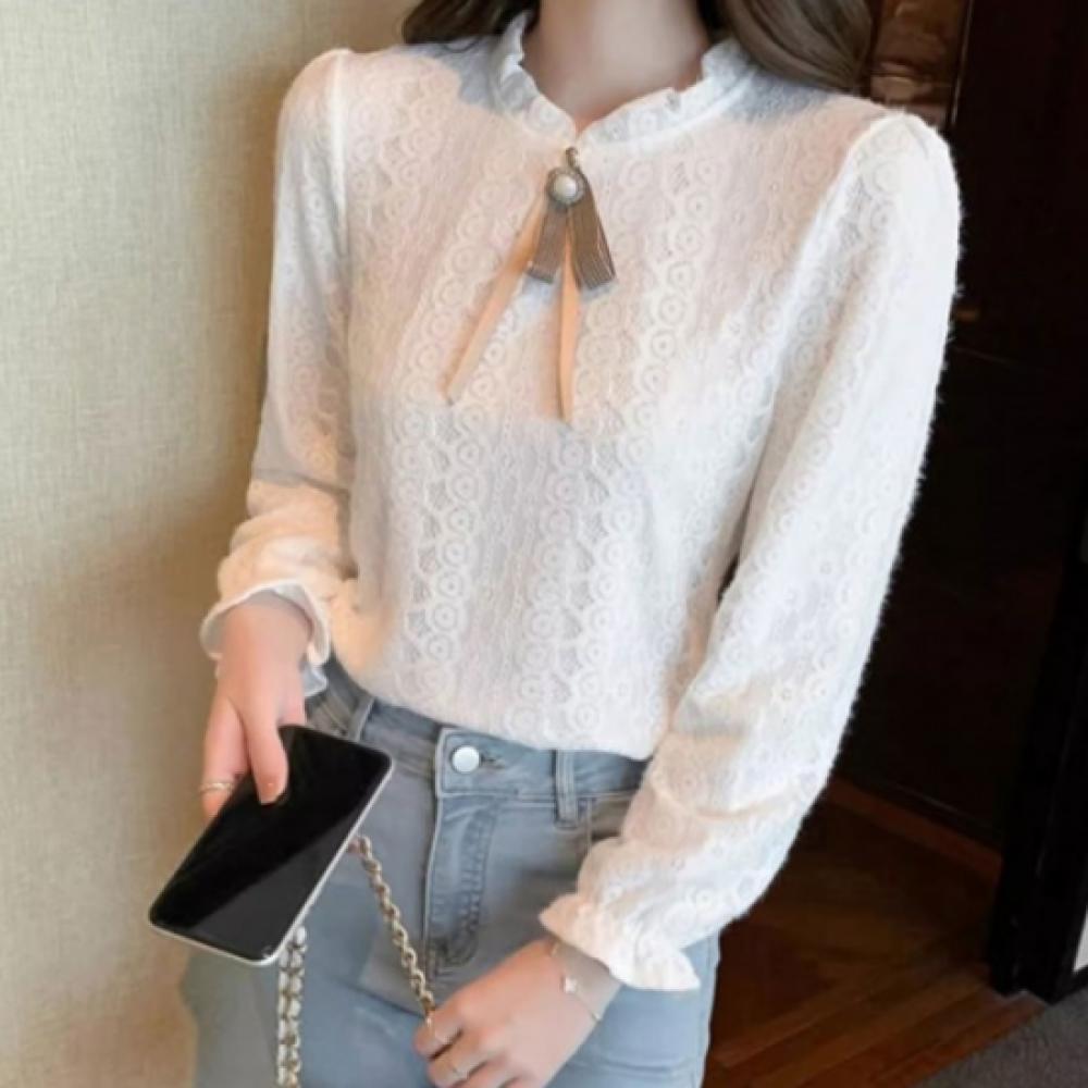 New Arrivals Open Run Frill Lace Blouse Long Sleeve White Shirt Pearl Ribbon