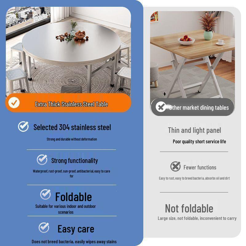 304 Stainless Steel Folding Round Dining Table for Restaurant, Buffet, Outdoor, and Home Use
