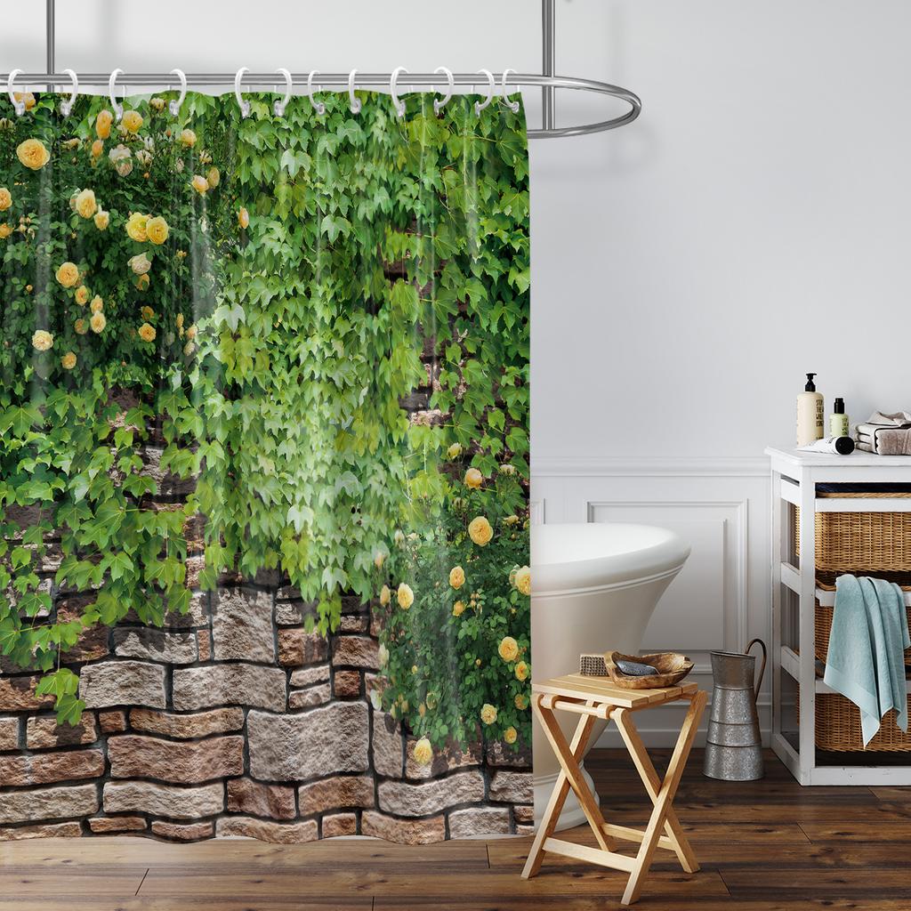 1 piece of 180x180cm green leaf brick wall landscape printed shower curtain partition, bathroom waterproof and mold resistant